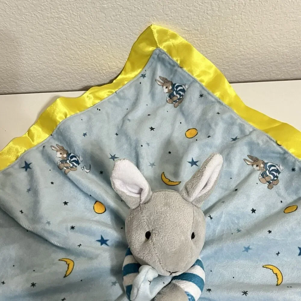 Goodnight Moon Bunny Security Blanket Lovey Lovie Blankie Blue Satin Trim